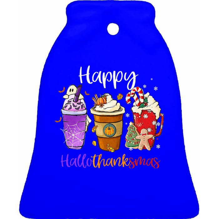 Happy Hallothanksmas Coffee Latte Halloween Thanksgiving Ceramic Bell Ornament