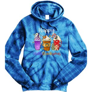 Happy Hallothanksmas Coffee Latte Halloween Thanksgiving Tie Dye Hoodie