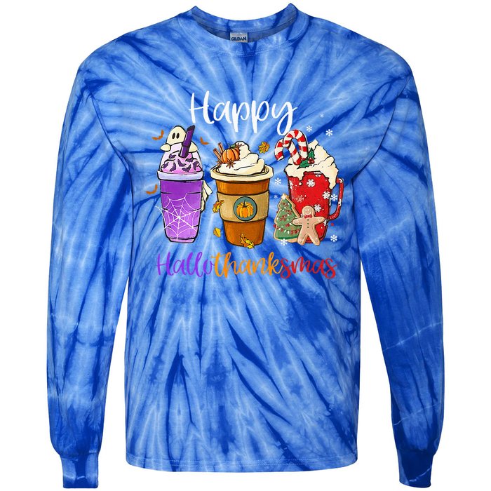 Happy Hallothanksmas Coffee Latte Halloween Thanksgiving Tie-Dye Long Sleeve Shirt