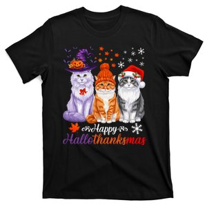 Happy Hallothanksmas Cats Halloween Thanksgiving Christmas T-Shirt