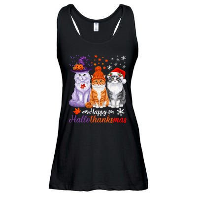 Happy Hallothanksmas Cats Halloween Thanksgiving Christmas Ladies Essential Flowy Tank