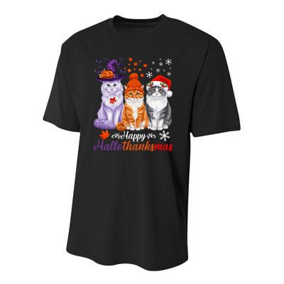 Happy Hallothanksmas Cats Halloween Thanksgiving Christmas Youth Performance Sprint T-Shirt