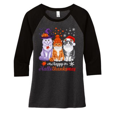 Happy Hallothanksmas Cats Halloween Thanksgiving Christmas Women's Tri-Blend 3/4-Sleeve Raglan Shirt