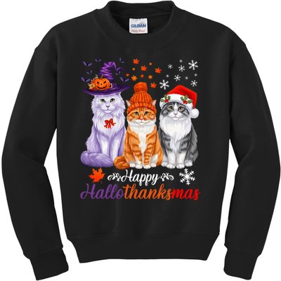 Happy Hallothanksmas Cats Halloween Thanksgiving Christmas Kids Sweatshirt