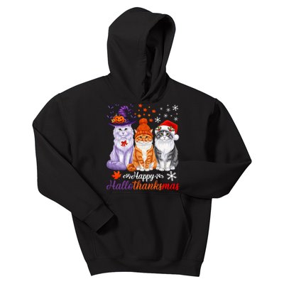 Happy Hallothanksmas Cats Halloween Thanksgiving Christmas Kids Hoodie