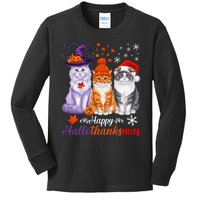 Happy Hallothanksmas Cats Halloween Thanksgiving Christmas Kids Long Sleeve Shirt