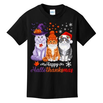 Happy Hallothanksmas Cats Halloween Thanksgiving Christmas Kids T-Shirt