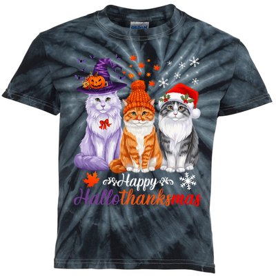 Happy Hallothanksmas Cats Halloween Thanksgiving Christmas Kids Tie-Dye T-Shirt