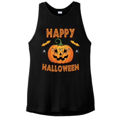 Happy Halloween Cute Pumpkin Leopard Ladies PosiCharge Tri-Blend Wicking Tank