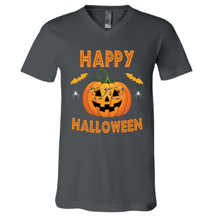 Happy Halloween Cute Pumpkin Leopard V-Neck T-Shirt