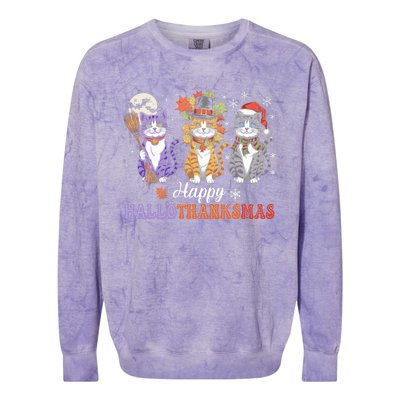 Happy Hallothanksmas Cats Lover Halloween Thanksgiving Colorblast Crewneck Sweatshirt