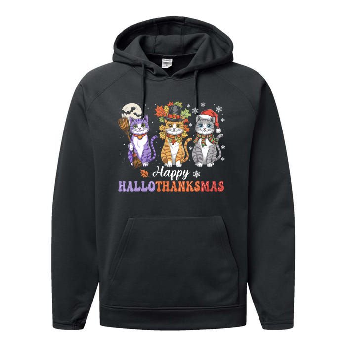 Happy Hallothanksmas Cats Lover Halloween Thanksgiving Performance Fleece Hoodie