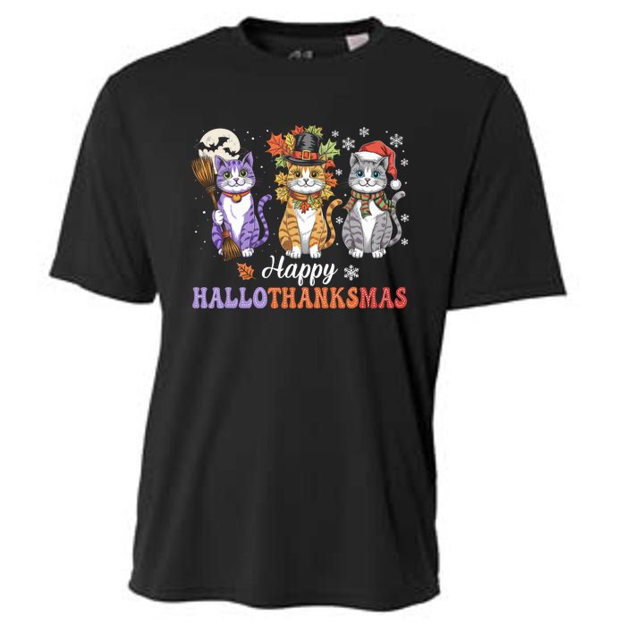 Happy Hallothanksmas Cats Lover Halloween Thanksgiving Cooling Performance Crew T-Shirt