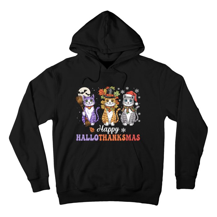 Happy Hallothanksmas Cats Lover Halloween Thanksgiving Hoodie