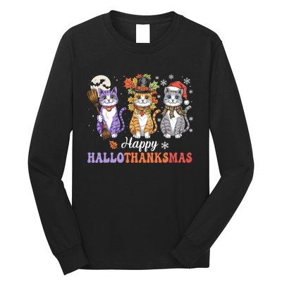 Happy Hallothanksmas Cats Lover Halloween Thanksgiving Long Sleeve Shirt