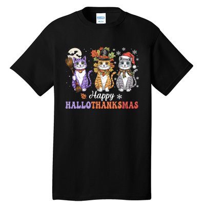 Happy Hallothanksmas Cats Lover Halloween Thanksgiving Tall T-Shirt