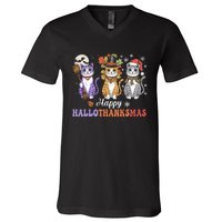 Happy Hallothanksmas Cats Lover Halloween Thanksgiving V-Neck T-Shirt