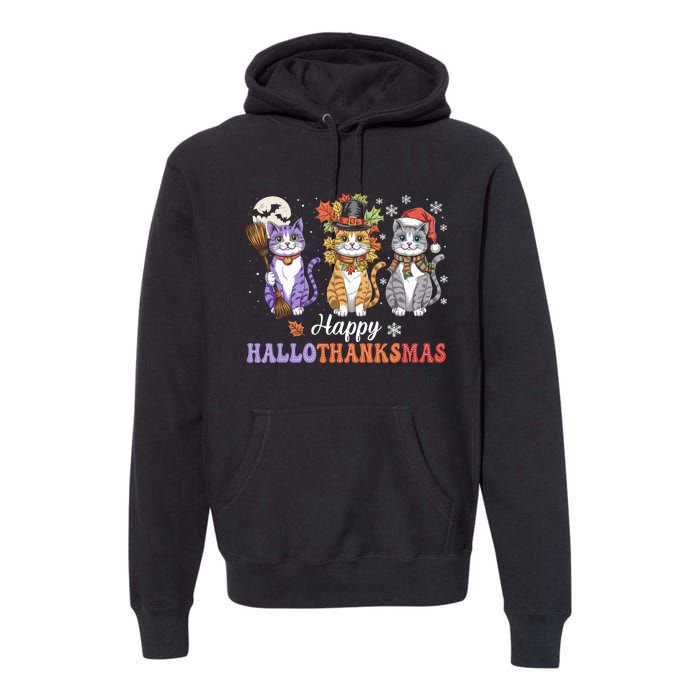 Happy Hallothanksmas Cats Lover Halloween Thanksgiving Premium Hoodie