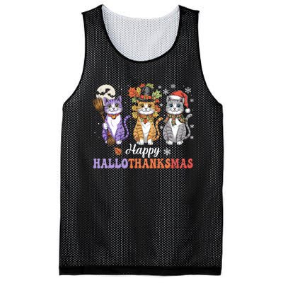 Happy Hallothanksmas Cats Lover Halloween Thanksgiving Mesh Reversible Basketball Jersey Tank