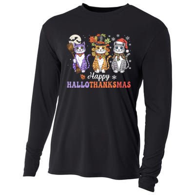 Happy Hallothanksmas Cats Lover Halloween Thanksgiving Cooling Performance Long Sleeve Crew