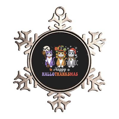 Happy Hallothanksmas Cats Lover Halloween Thanksgiving Metallic Star Ornament