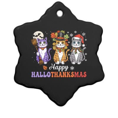 Happy Hallothanksmas Cats Lover Halloween Thanksgiving Ceramic Star Ornament