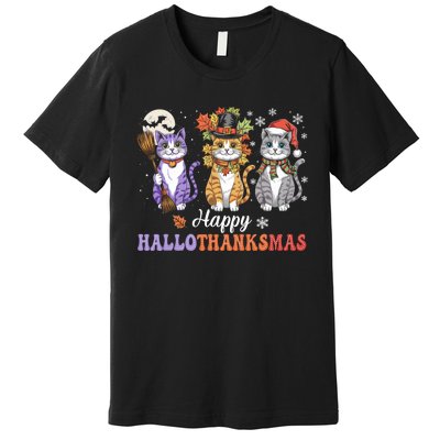 Happy Hallothanksmas Cats Lover Halloween Thanksgiving Premium T-Shirt