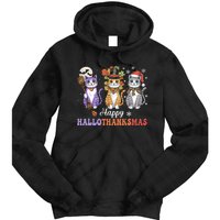 Happy Hallothanksmas Cats Lover Halloween Thanksgiving Tie Dye Hoodie