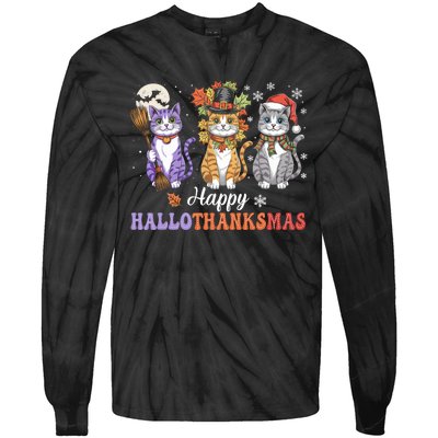 Happy Hallothanksmas Cats Lover Halloween Thanksgiving Tie-Dye Long Sleeve Shirt