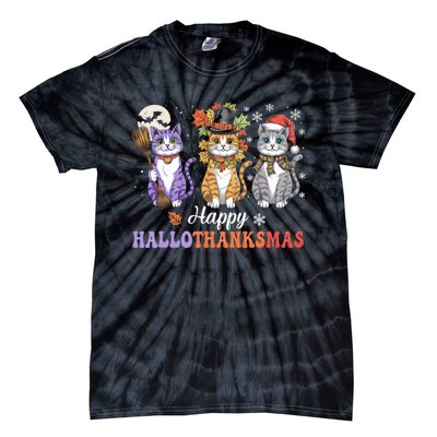 Happy Hallothanksmas Cats Lover Halloween Thanksgiving Tie-Dye T-Shirt