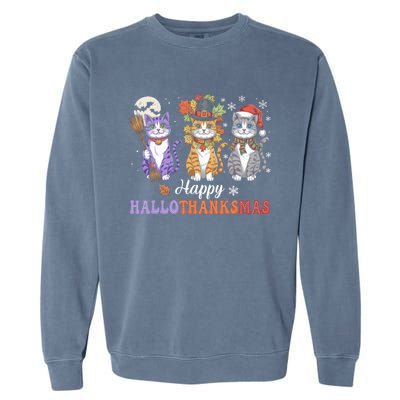 Happy Hallothanksmas Cats Lover Halloween Thanksgiving Garment-Dyed Sweatshirt