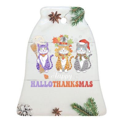 Happy Hallothanksmas Cats Lover Halloween Thanksgiving Ceramic Bell Ornament