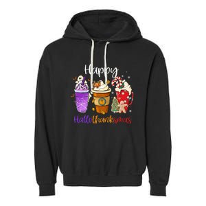 Happy Hallothanksmas Coffee Latte Halloween Thanksgiving Garment-Dyed Fleece Hoodie