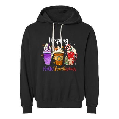 Happy Hallothanksmas Coffee Latte Halloween Thanksgiving Garment-Dyed Fleece Hoodie