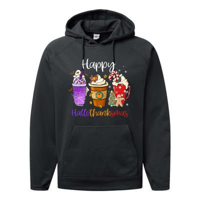 Happy Hallothanksmas Coffee Latte Halloween Thanksgiving Performance Fleece Hoodie