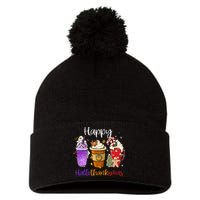 Happy Hallothanksmas Coffee Latte Halloween Thanksgiving Pom Pom 12in Knit Beanie