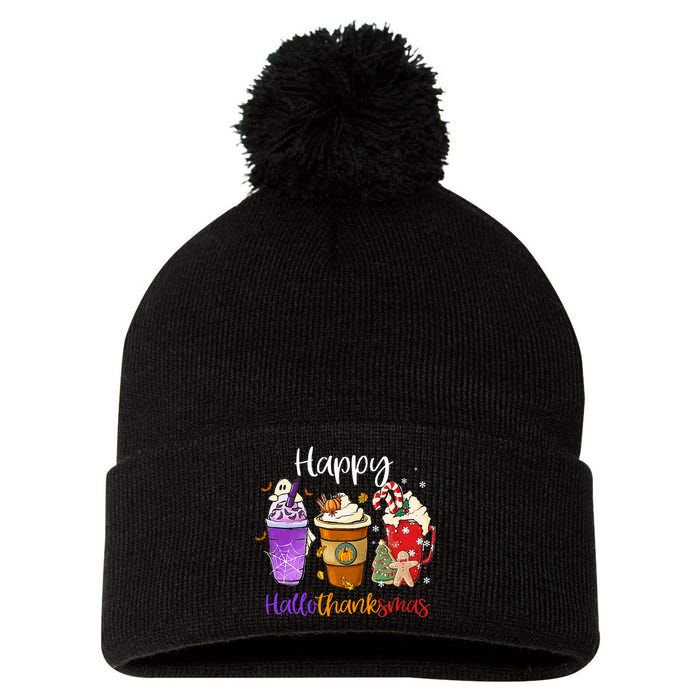 Happy Hallothanksmas Coffee Latte Halloween Thanksgiving Pom Pom 12in Knit Beanie