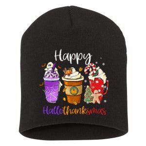 Happy Hallothanksmas Coffee Latte Halloween Thanksgiving Short Acrylic Beanie