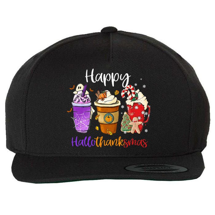 Happy Hallothanksmas Coffee Latte Halloween Thanksgiving Wool Snapback Cap