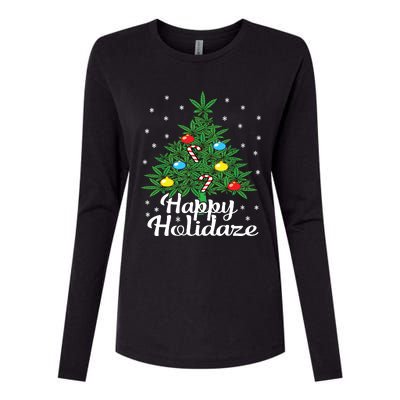 Happy Holidaze Cannabis Weed Leaf Christmas Tree Marijuana Womens Cotton Relaxed Long Sleeve T-Shirt