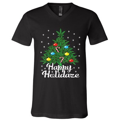 Happy Holidaze Cannabis Weed Leaf Christmas Tree Marijuana V-Neck T-Shirt