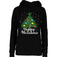 Happy Holidaze Cannabis Weed Leaf Christmas Tree Marijuana Womens Funnel Neck Pullover Hood