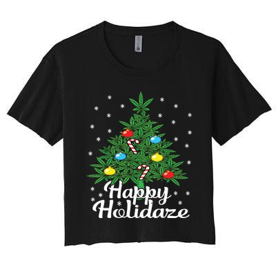 Happy Holidaze Cannabis Weed Leaf Christmas Tree Marijuana Women's Crop Top Tee