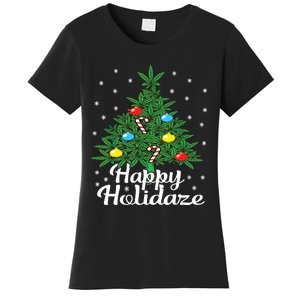 Happy Holidaze Cannabis Weed Leaf Christmas Tree Marijuana Women's T-Shirt