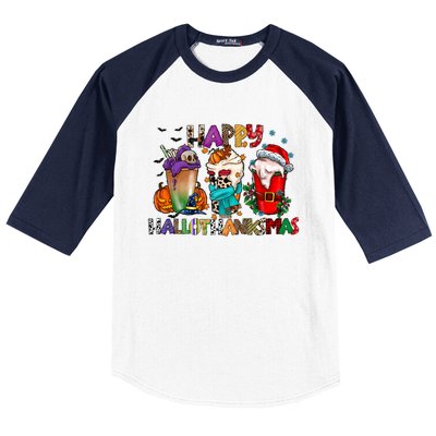 Happy Hallowthanksmas Coffees For The Holidays Graphic Gift Baseball Sleeve Shirt