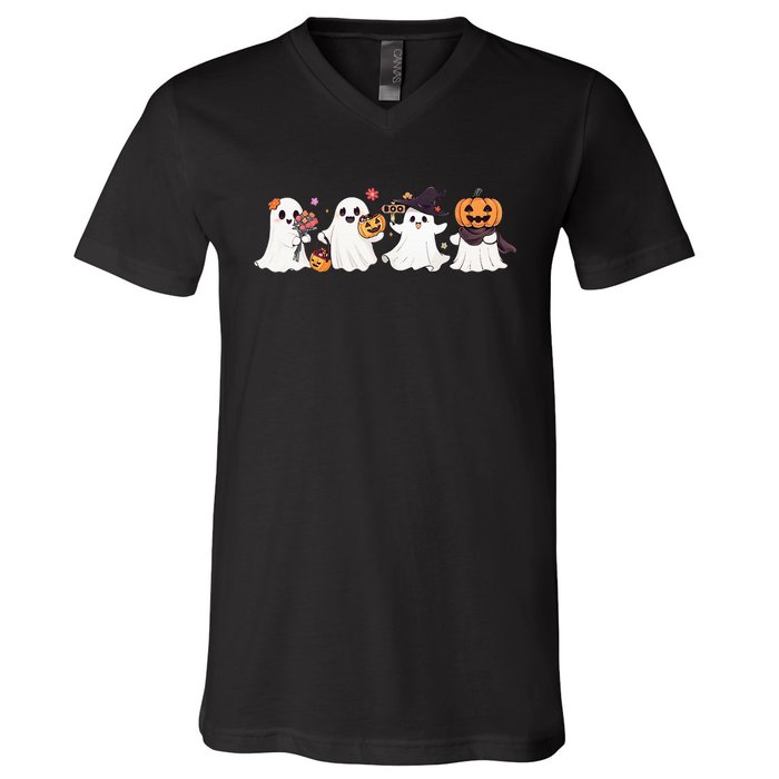 Hippie Halloween Cute Ghost Boo Spooky Season Pumpkin  V-Neck T-Shirt