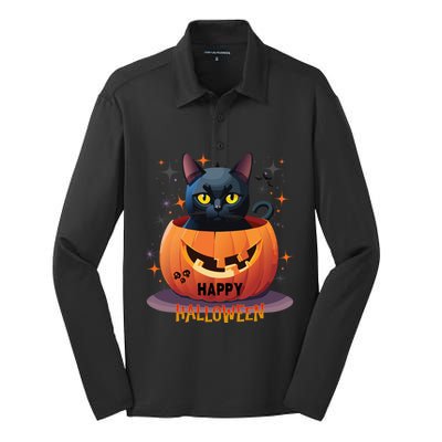 Happy Halloween Cat Skull Bats Kitty Pumpkin Meaningful Gift Silk Touch Performance Long Sleeve Polo