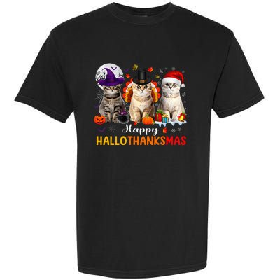 Happy Hallothanksmas Cats Halloween Thanksgiving Christmas Garment-Dyed Heavyweight T-Shirt