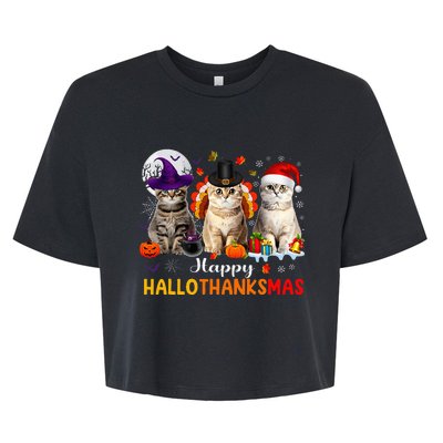 Happy Hallothanksmas Cats Halloween Thanksgiving Christmas Bella+Canvas Jersey Crop Tee