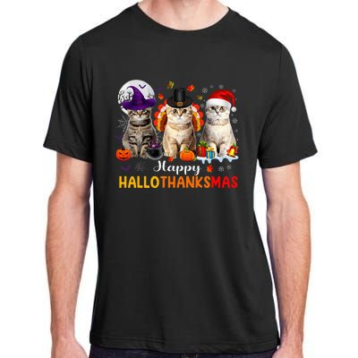 Happy Hallothanksmas Cats Halloween Thanksgiving Christmas Adult ChromaSoft Performance T-Shirt